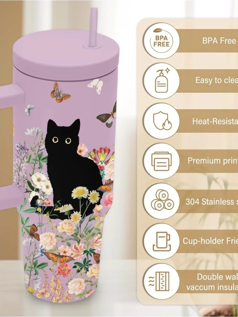 New Cat Lover Gifts For Women, Stainless Steel Tumbler With Handle 40 Oz